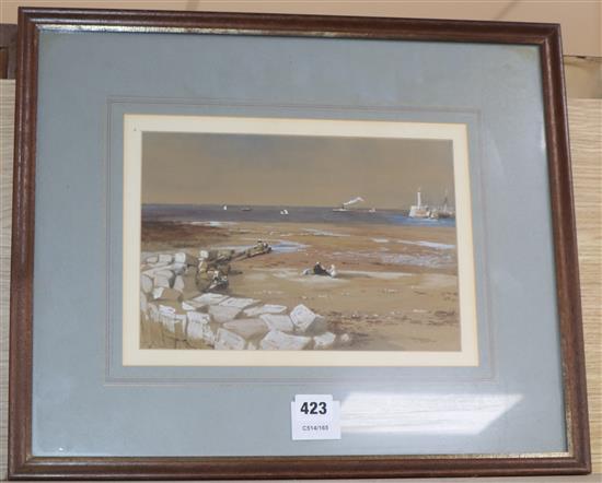 19th century English School, watercolour and gouache, Figures on the shore at low tide at lighthouse beyond,
